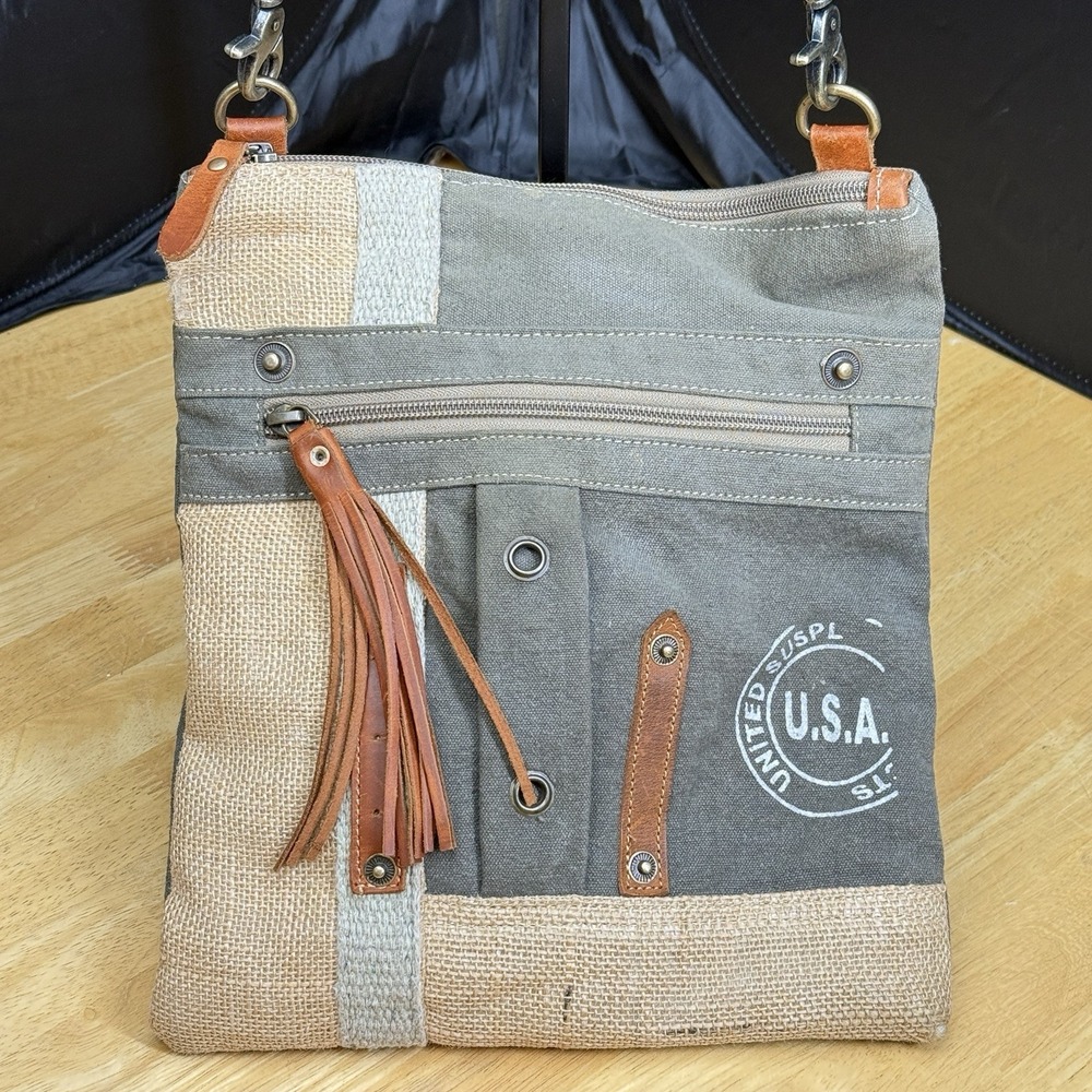 Myra USA Upcycled Canvas Patch Crossbody Bag‎ Burlap Fringe Boho Purse NWOT